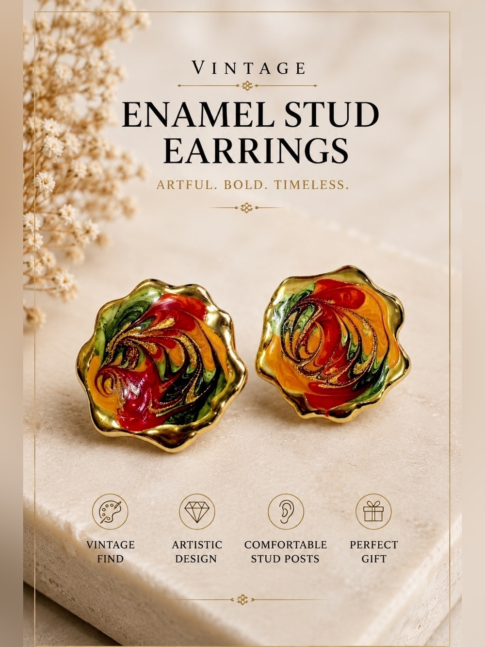 VTG Multicolor Enamel Stud Earrings Gold Tone Abstract Swirl Statement Earrings